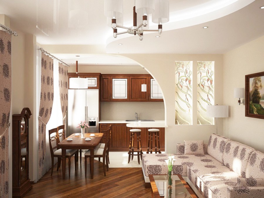 Интерьер гостиной объединенной с кухней