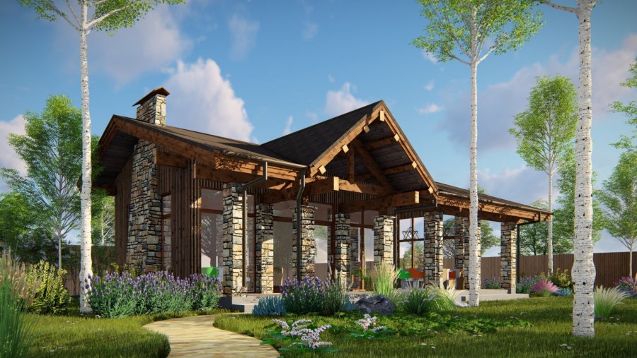 Беседка с барбекю в стиле Шале