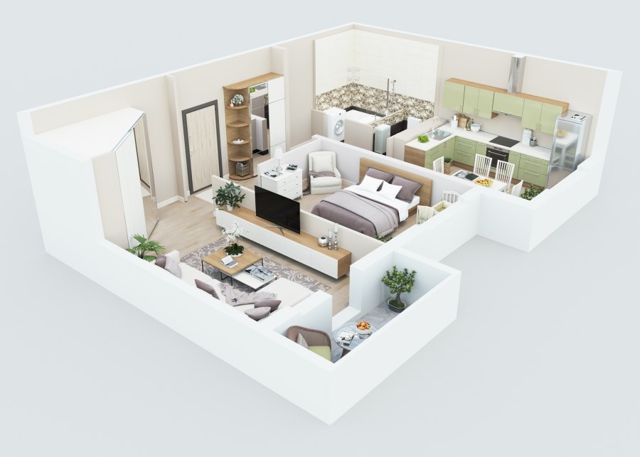 Скандинавский стиль кухни-гостиной с лестницей