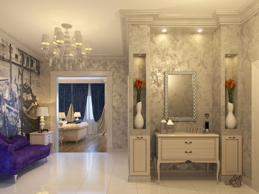 Молдинги в интерьере гостиной за диваном