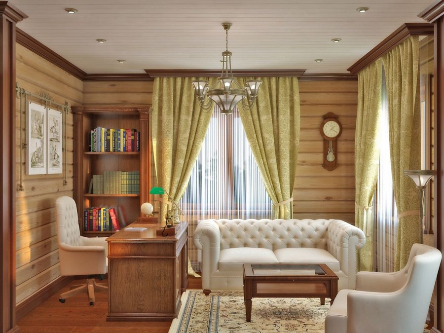 Интерьер кабинета в бревенчатом доме