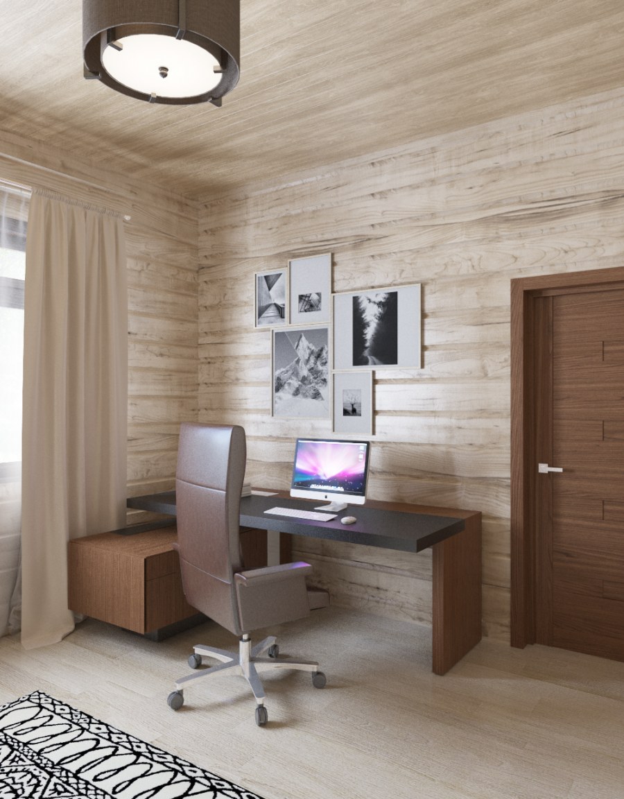 Интерьер кабинета в доме из бруса