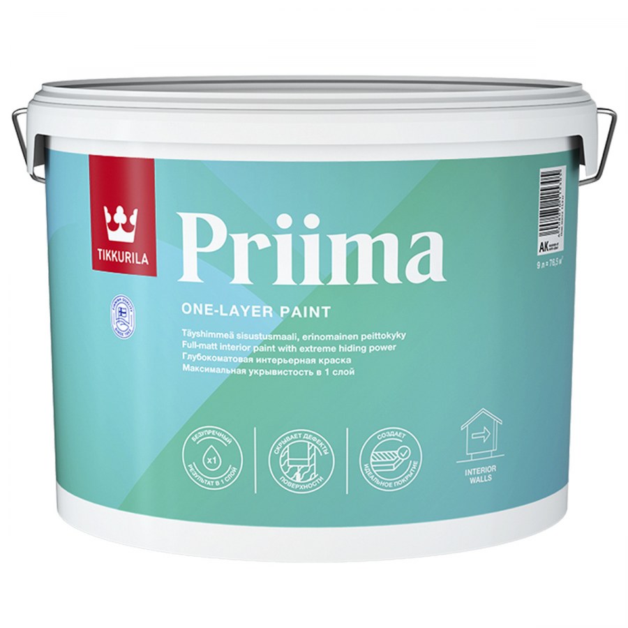 Краска "priima" база с 9 л (1) интерьерная глубокоматовая "Тиккурила"
