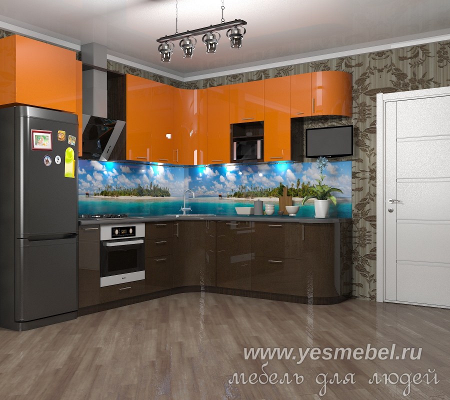 Кухня оранжевая с коричневым