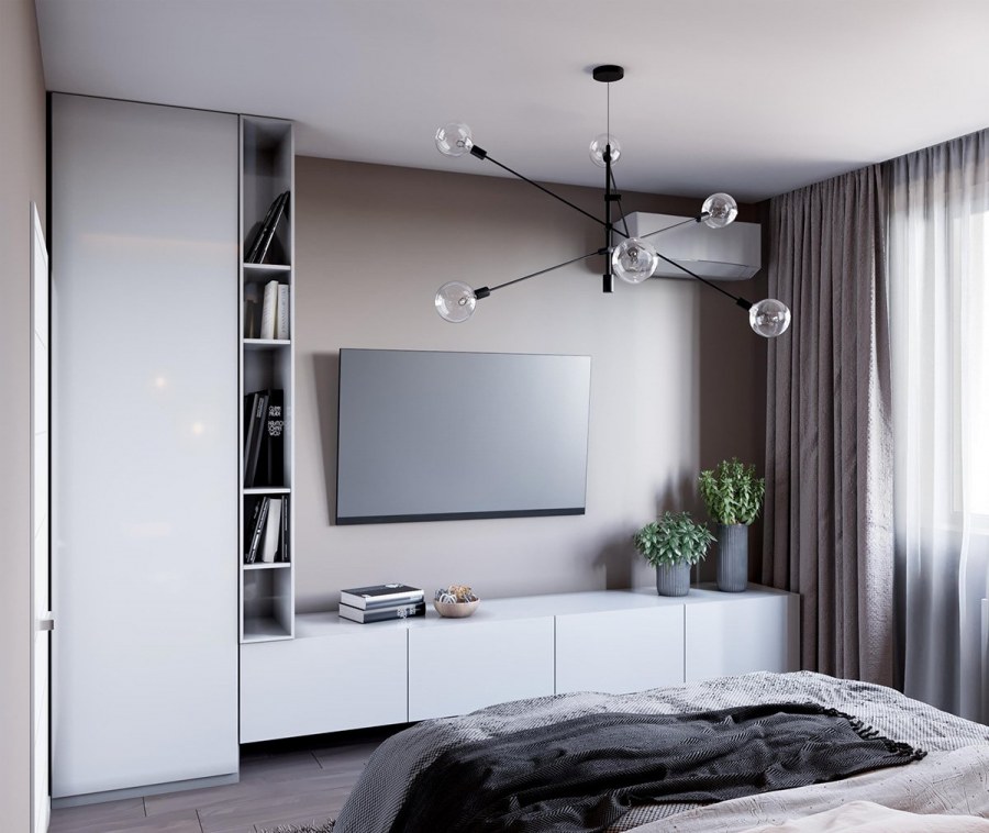 Интерьер спальни с телевизором
