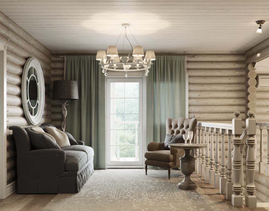 Дом из неоцилиндрованного бревна внутри