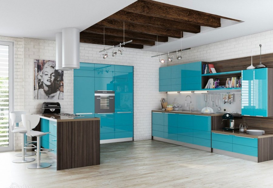 Кухня серая с бирюзой