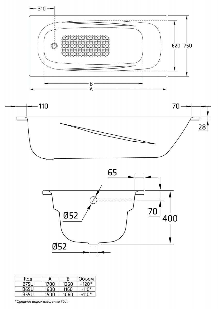 Ванна стальная BLB Europa Mini 105*70см b05e сидячая + ножки