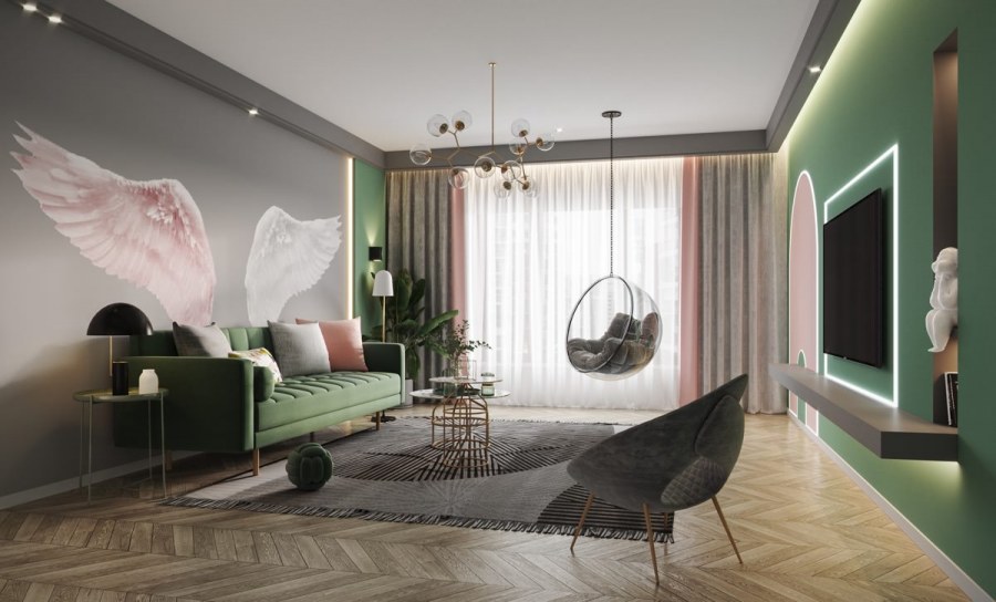 Интерьер в зелено розовых тонах