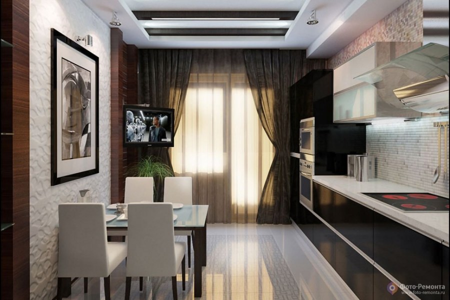 Интерьер на кухне в бежево черных тонах