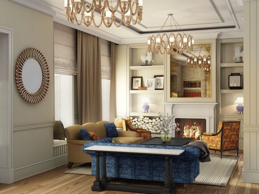 Гостиная столовая с камином