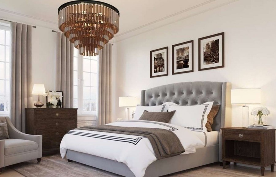 Бежево серая спальня