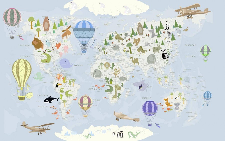 Детские фотообои карта мира с животными