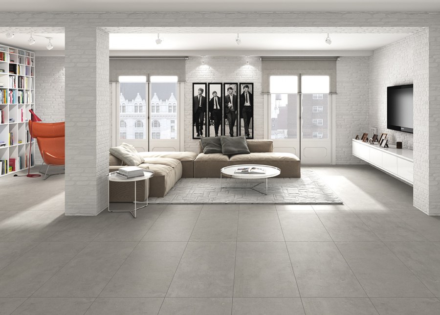 Серая напольная плитка в интерьере