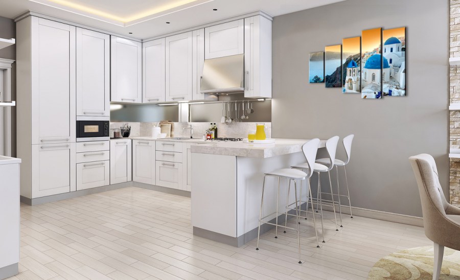 Белая кухня серый пол