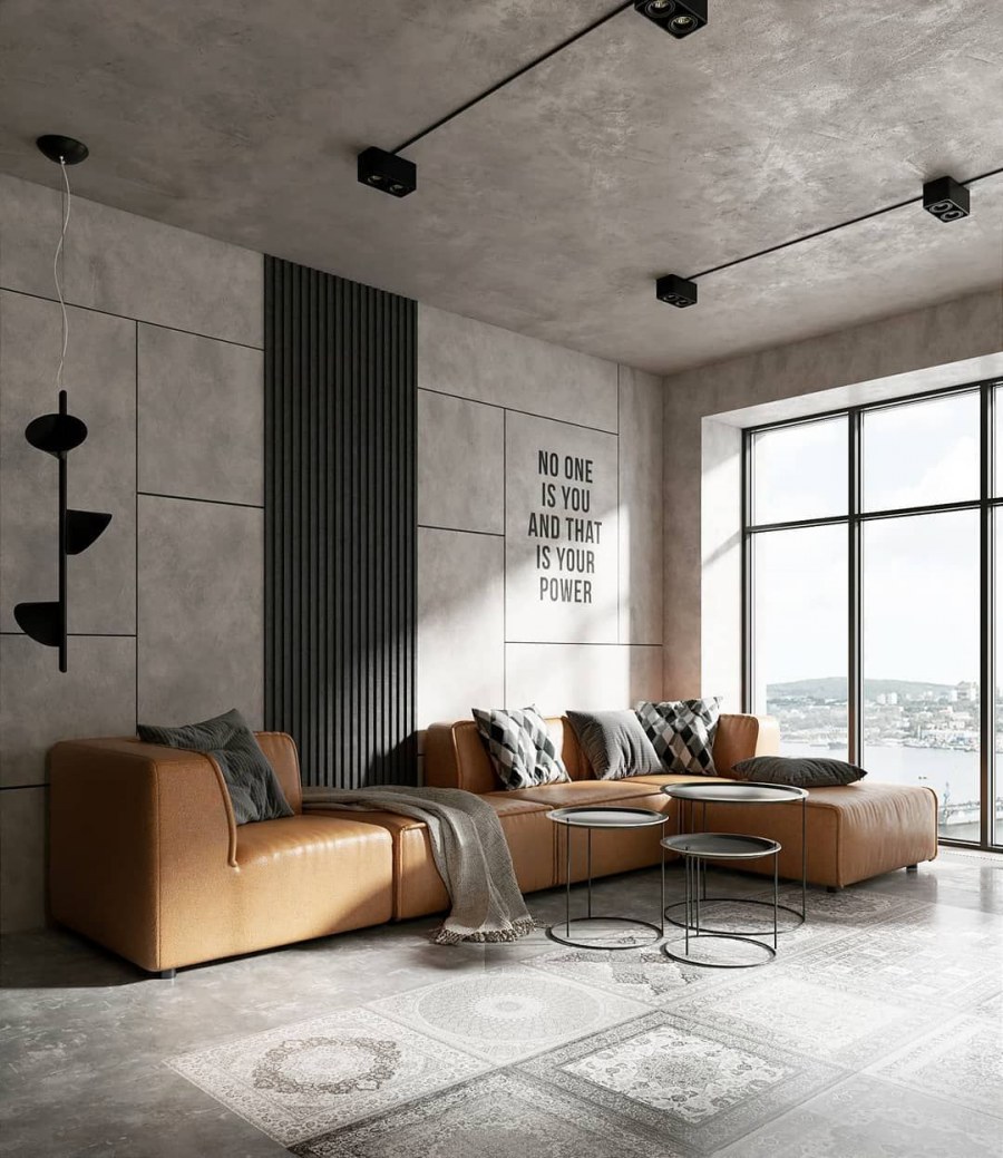 Бетонные стены в интерьере лофт