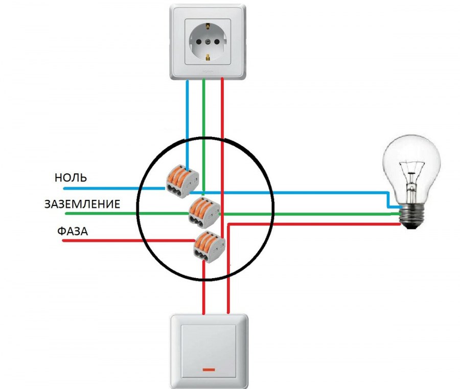 Схема подключения одноклавишного выключателя и розетки