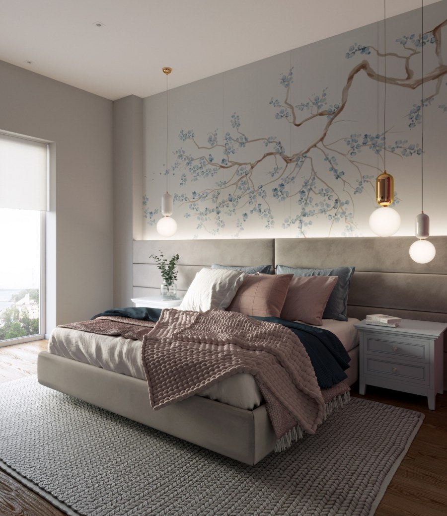 Современная спальня в пастельных тонах