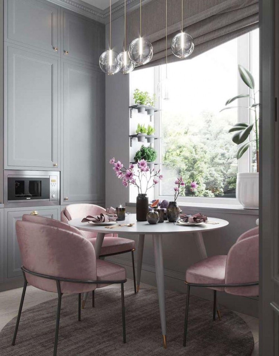 Серо-розовая кухня в интерьере
