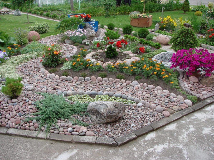 Клумба с розами и камнями