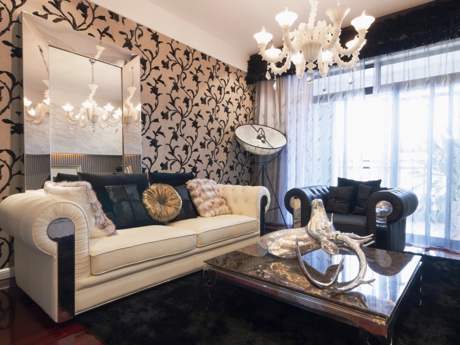 Гостиная в бежево черных тонах