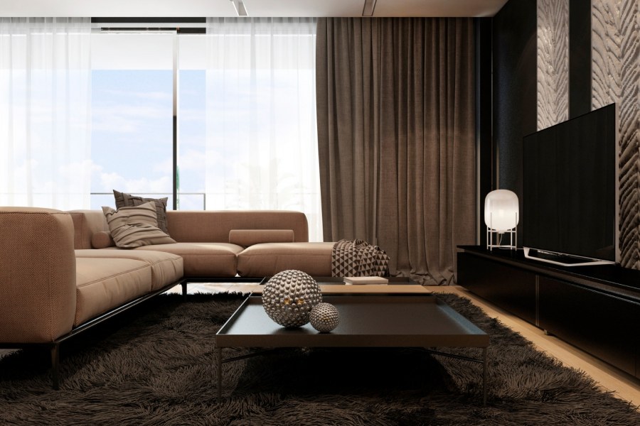Современная гостиная в коричневых тонах