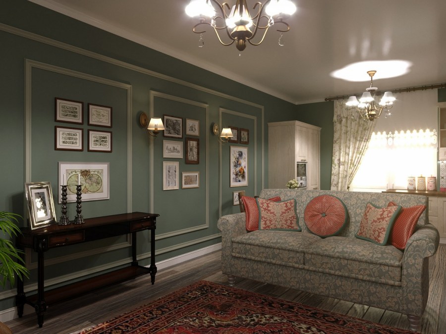 Гостиная в английском стиле с камином и телевизором