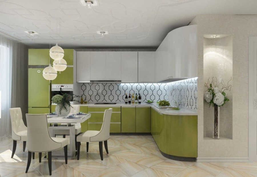Кухня в бежевых тонах с яркими акцентами