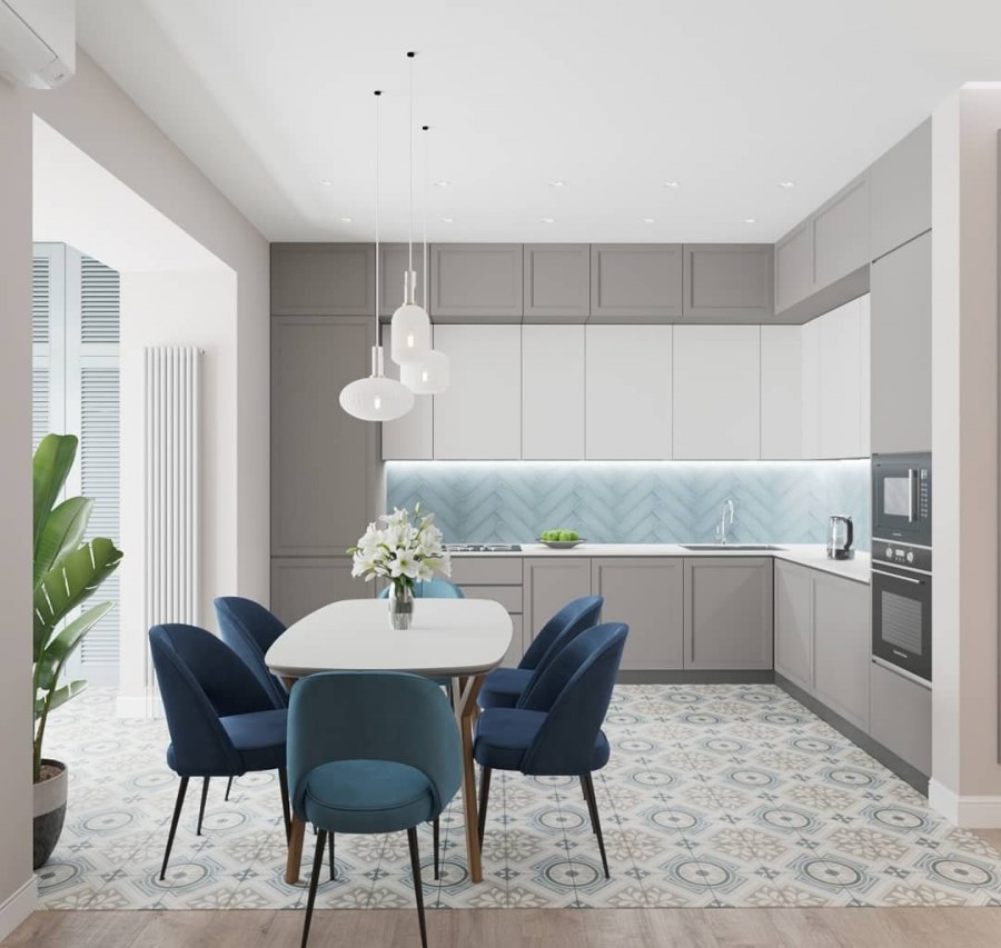 Бело голубая кухня гостиная