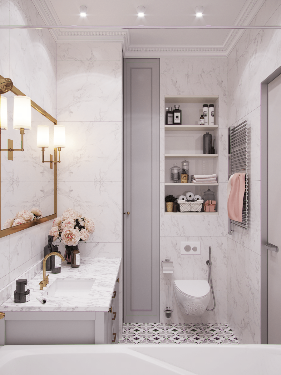 Стильная маленькая ванная в светлых тонах