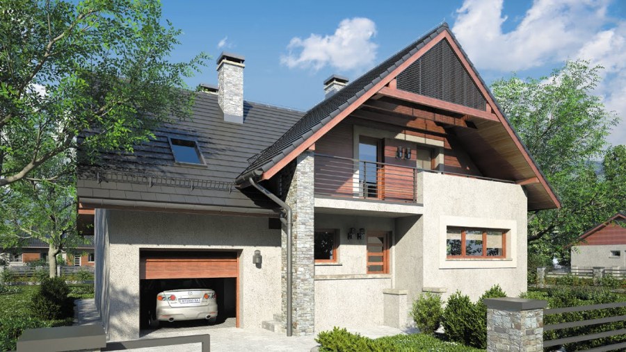 Дом с двухскатной крышей и гаражом