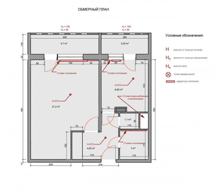 Обмерочный план однокомнатной квартиры