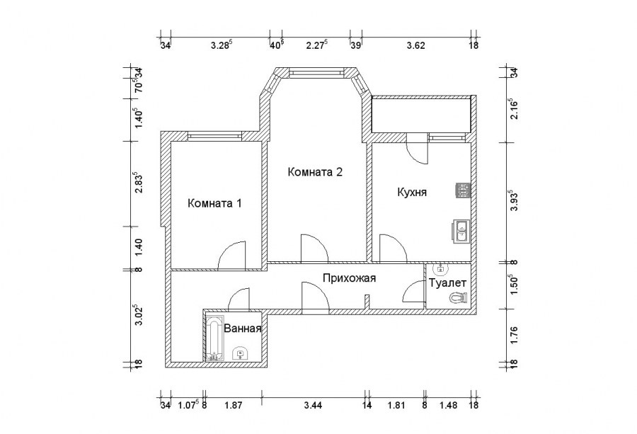 Чертеж 2 комнатной квартиры с размерами