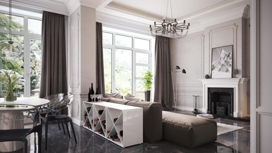 Кухня гостиная с французским окном