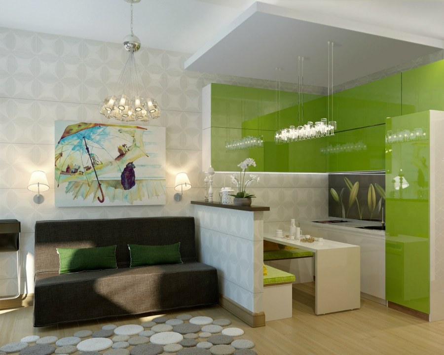 Зеленая кухня гостиная