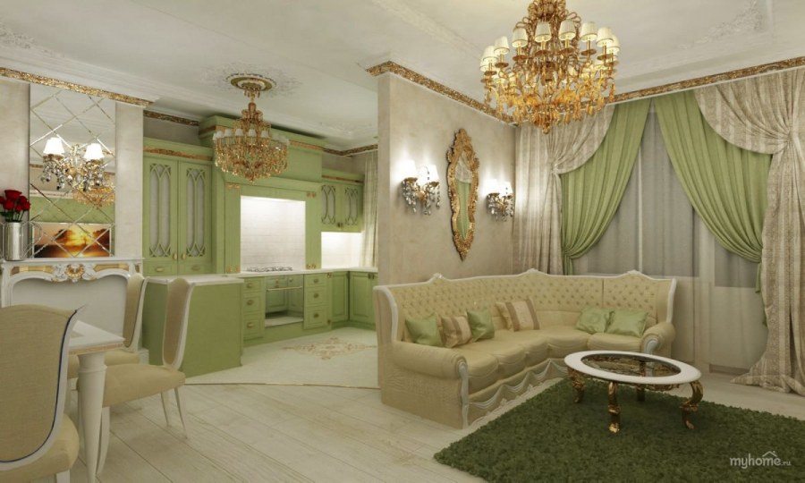 Кухня-гостиная в фисташковом цвете
