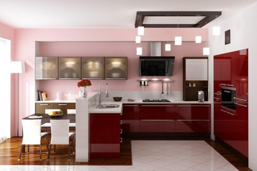 Современная кухня в бордовом цвете