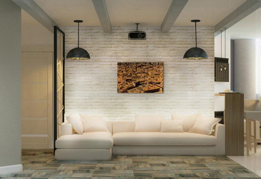 Кирпич в интерьере гостиной