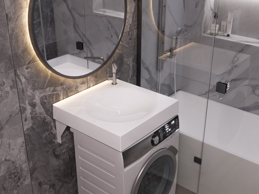 Ванная комната с душевой кабиной и стиральной машиной