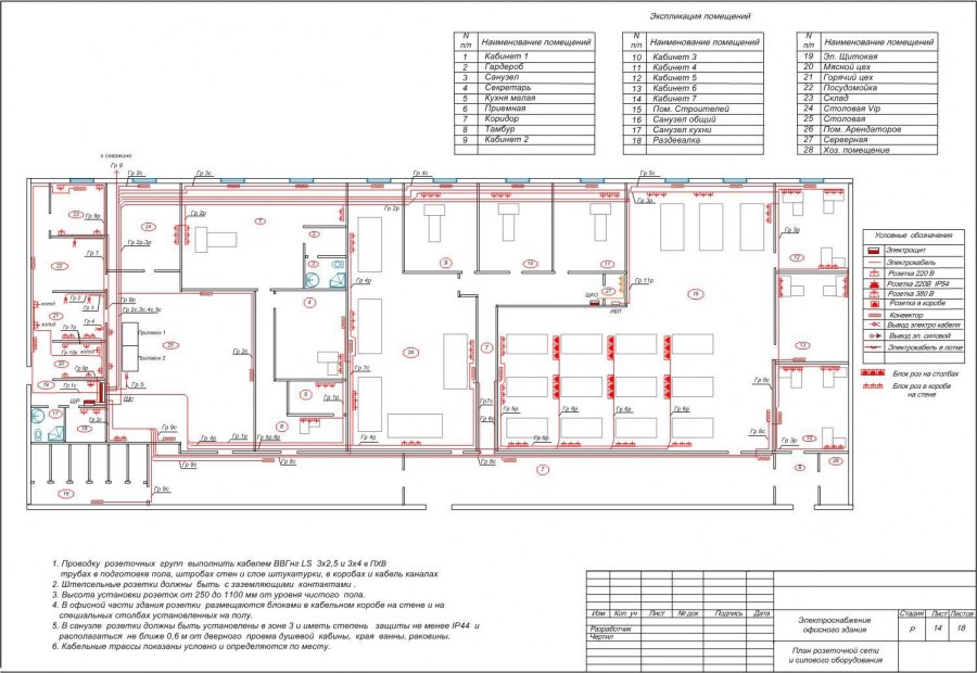 Схема электропроводки освещения в офисных помещениях
