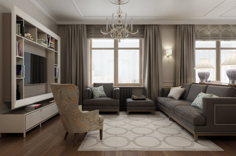 Гостиная с тремя окнами