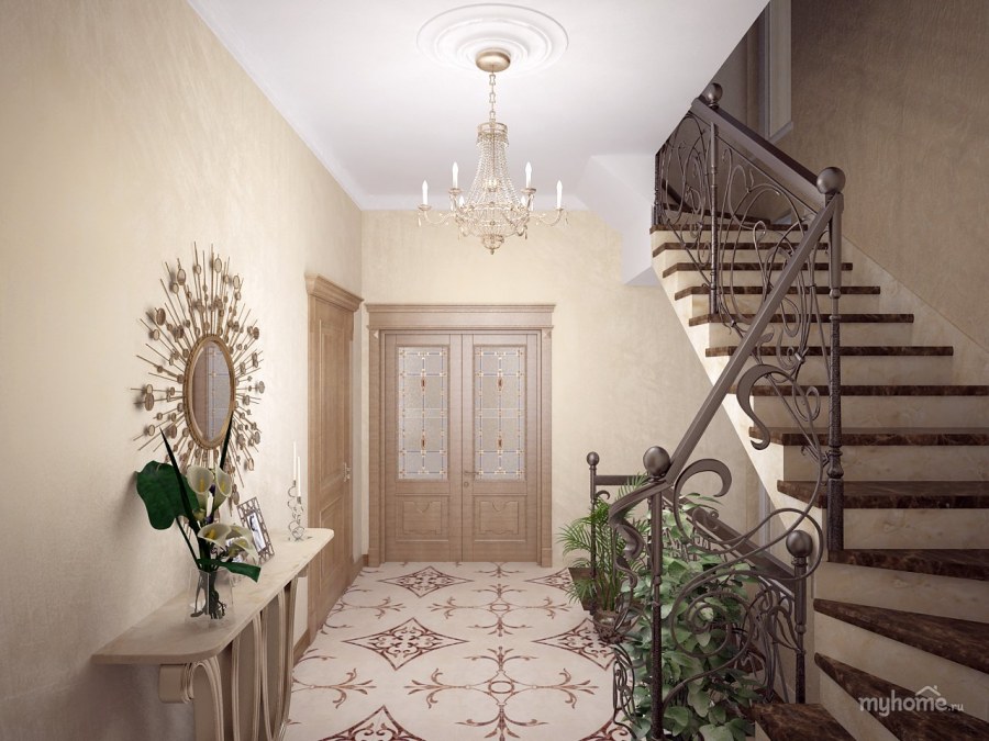 Декоративная штукатурка в холле с лестницей