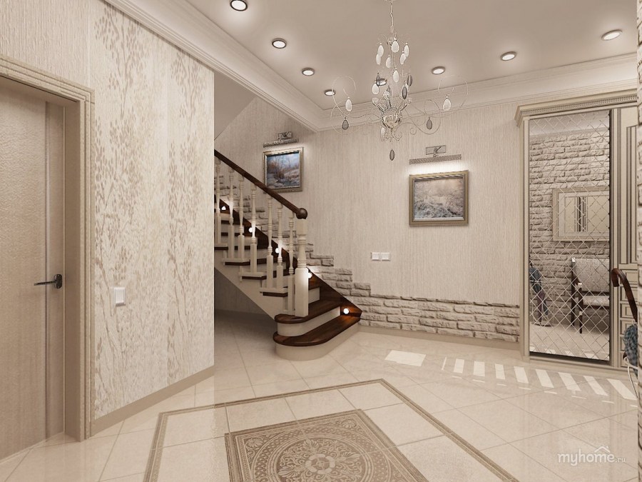 Холл прихожая в частном доме с лестницей