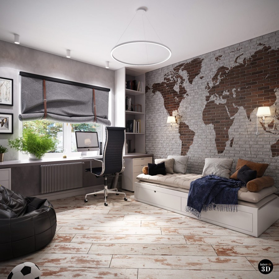 Комната для подростка в стиле лофт в темных тонах