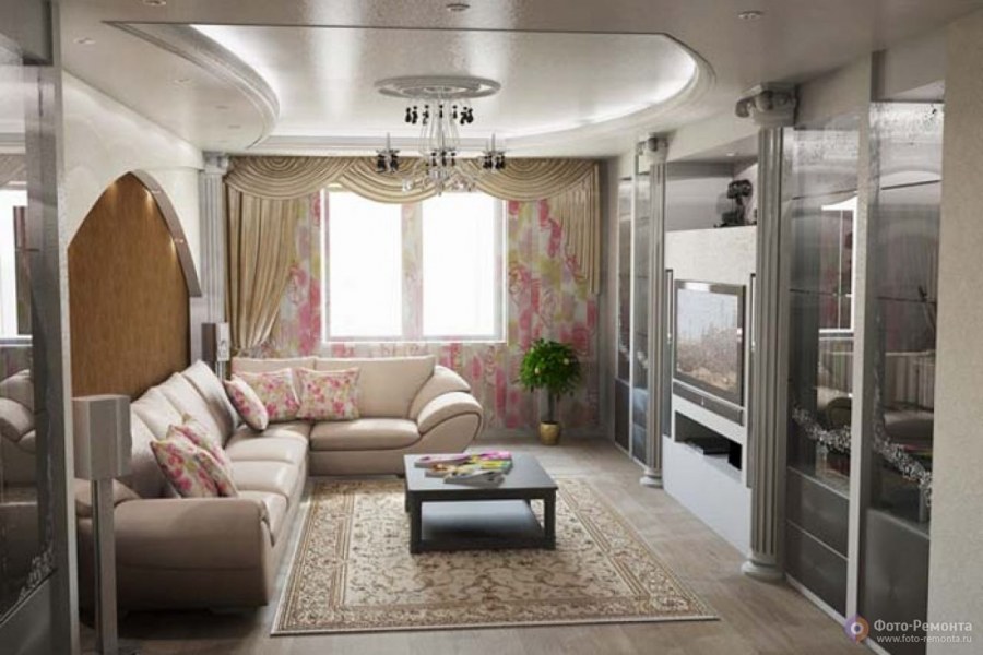 Угловой диван в интерьере проходной гостиной