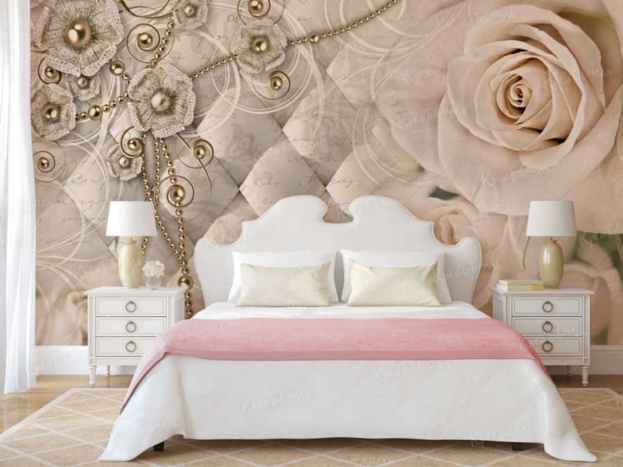 Спальня в бежевых тонах с фотообоями