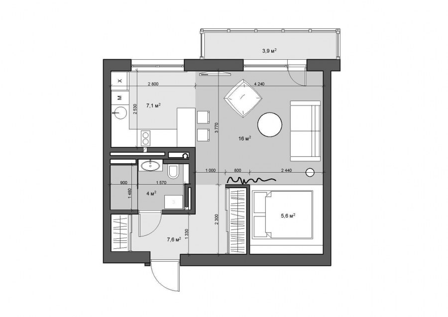 Планировка студии 40кв
