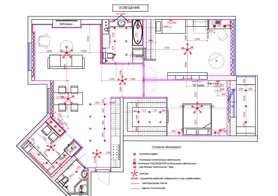 План освещения комнаты чертеж