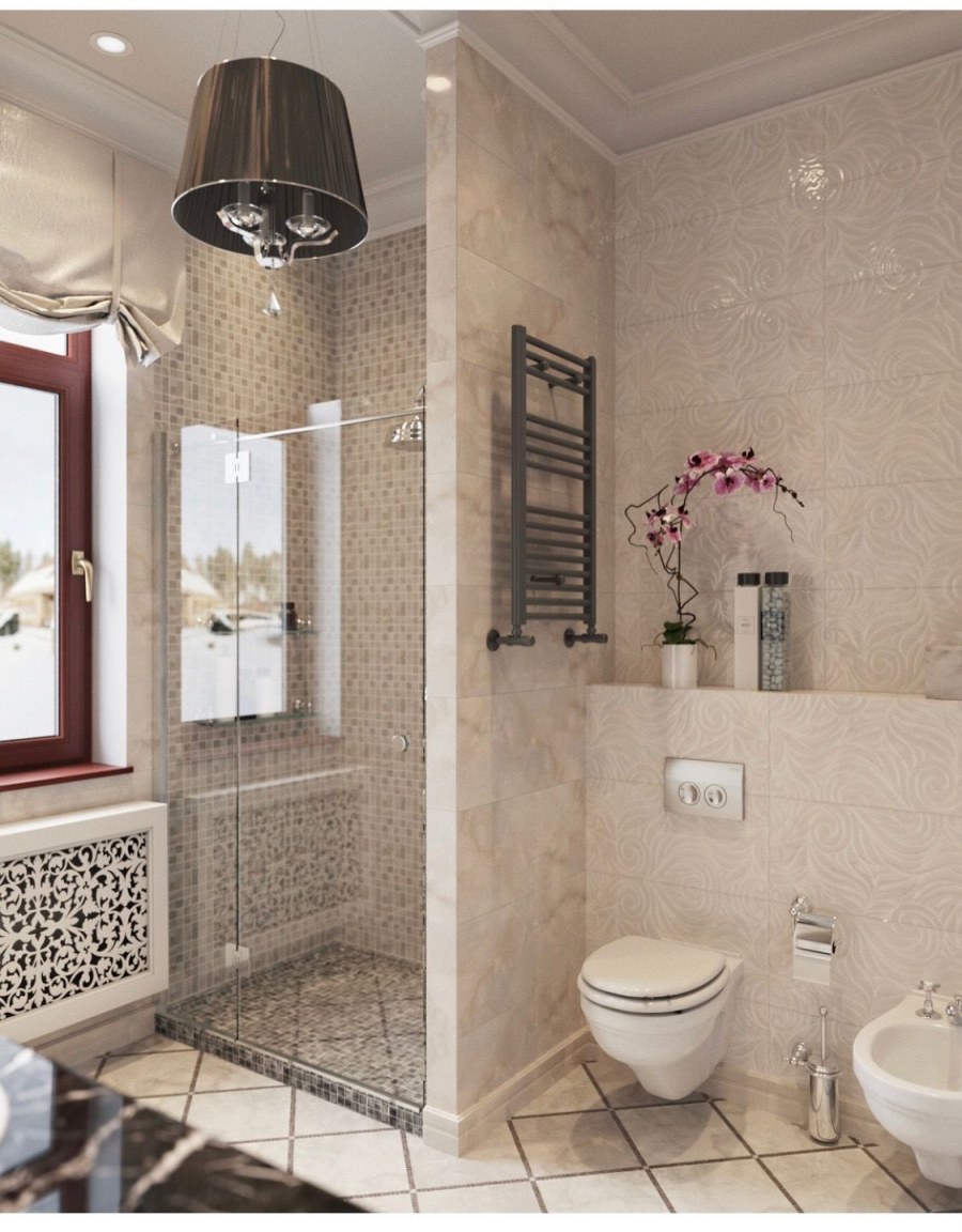 Интерьер душевой комнаты с окном