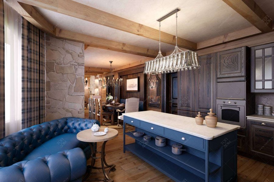 Кухня в стиле Шале голубая